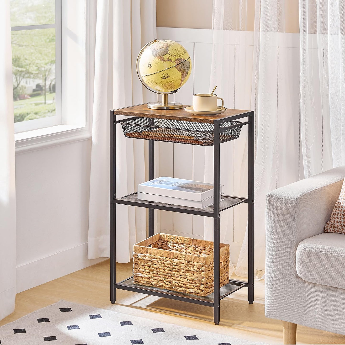 HOOBRO Tall Side Table, 3-Tier Industrial Telephone End Table with Storage Shelves and Basket, Small Laptop Table for Living Room, Bedroom, Office