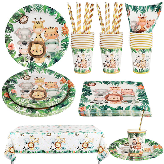 Safari Birthday Decorations for Boys 101 Pcs Jungle Theme Party Decorations Kids with Paper Plates,Cups and Napkins,Disposable Afternoon Tea
