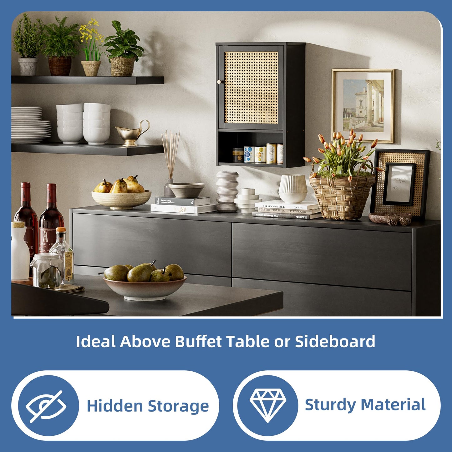 HITNET Wall Cabinet, Bamboo Medicine Cabinet with Single Rattan Door and Adjustable Shelf