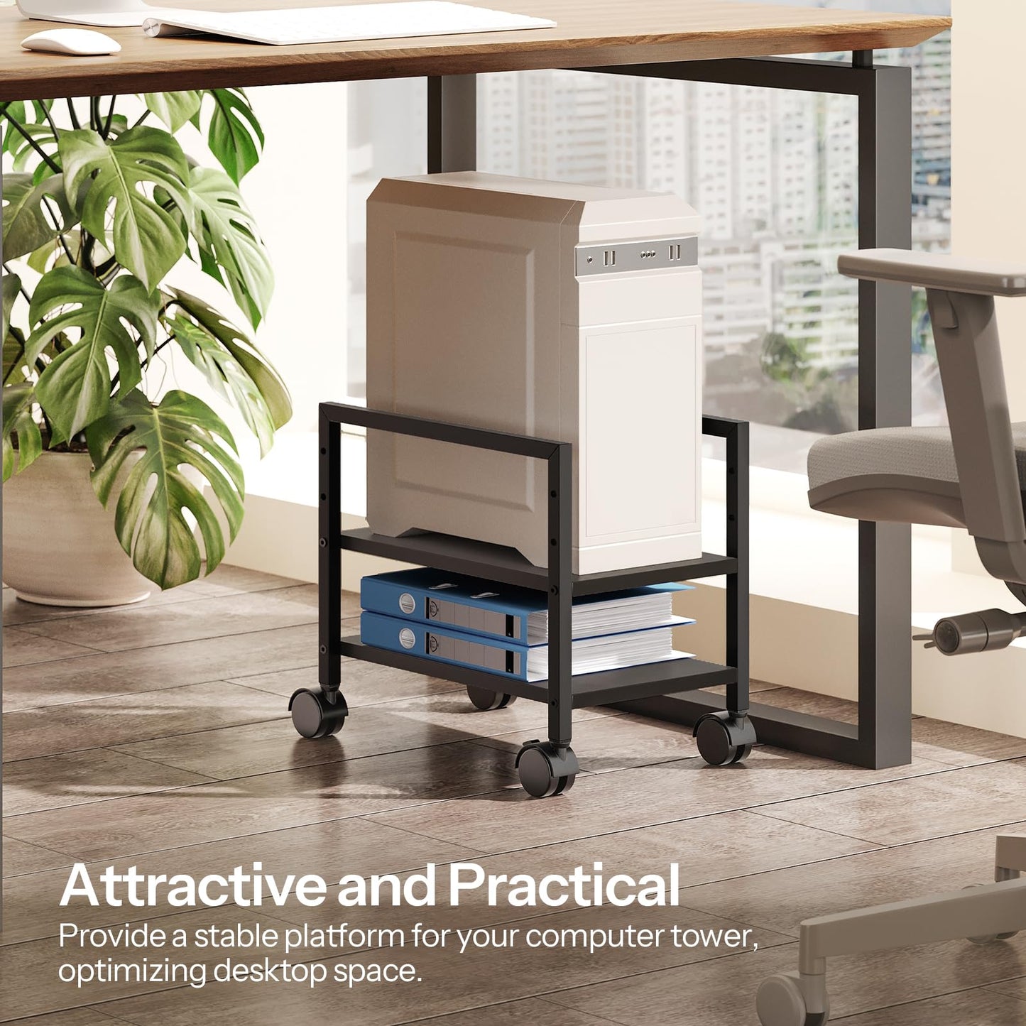 HOOBRO Computer Tower Stand, 2-Tier Computer Tower Cart, Printer Table, PC Stand Under Desk, Mobile Rolling Cart with Wheels, Height Adjustable