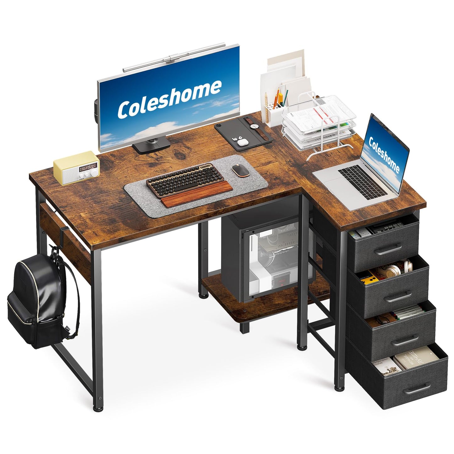 Coleshome Small Corner Desk with Drawers for Home Office, 100x70 cm, Brown