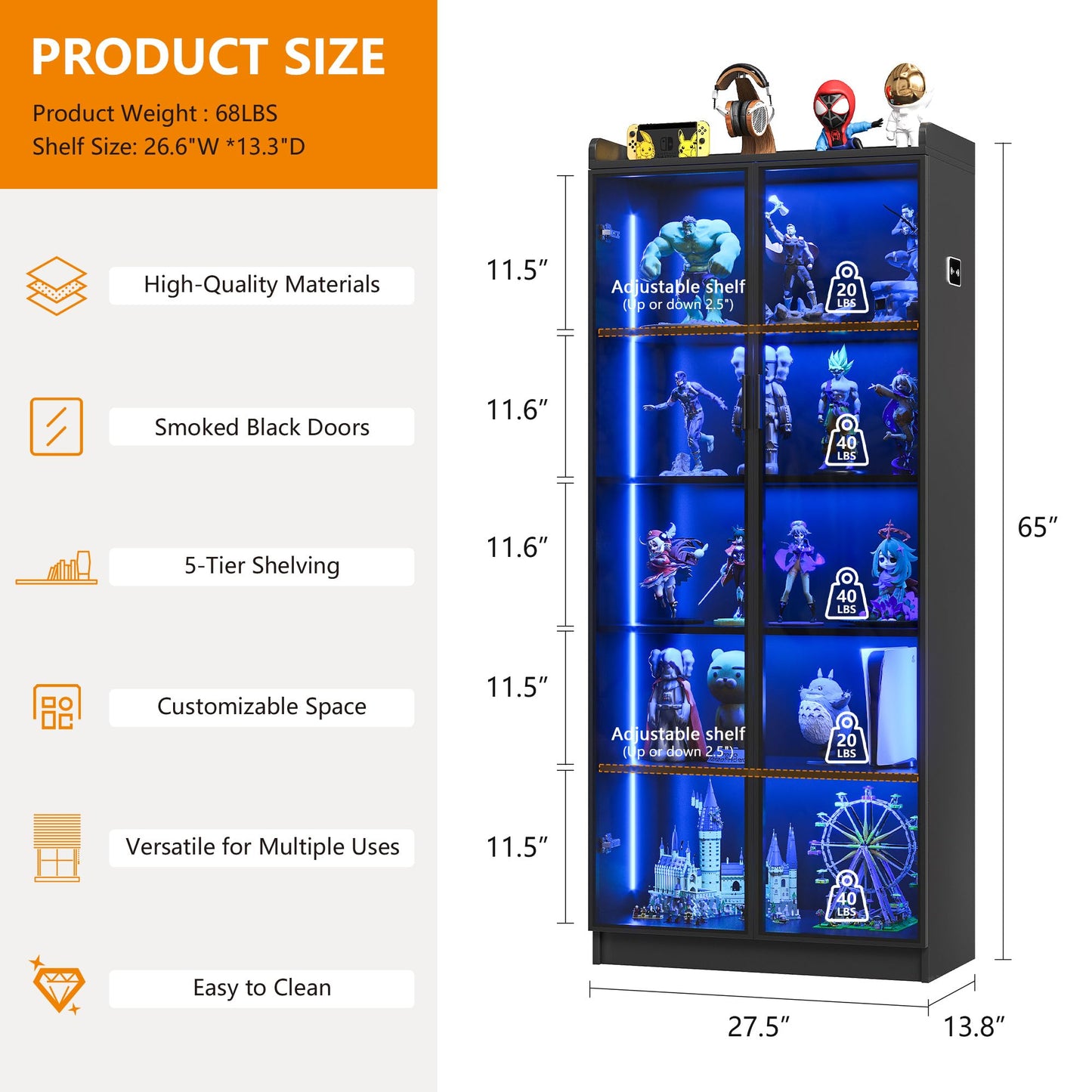FREDEES LED Display Cabinet with 2 Doors and Adjustable Shelf, 165CM, Black