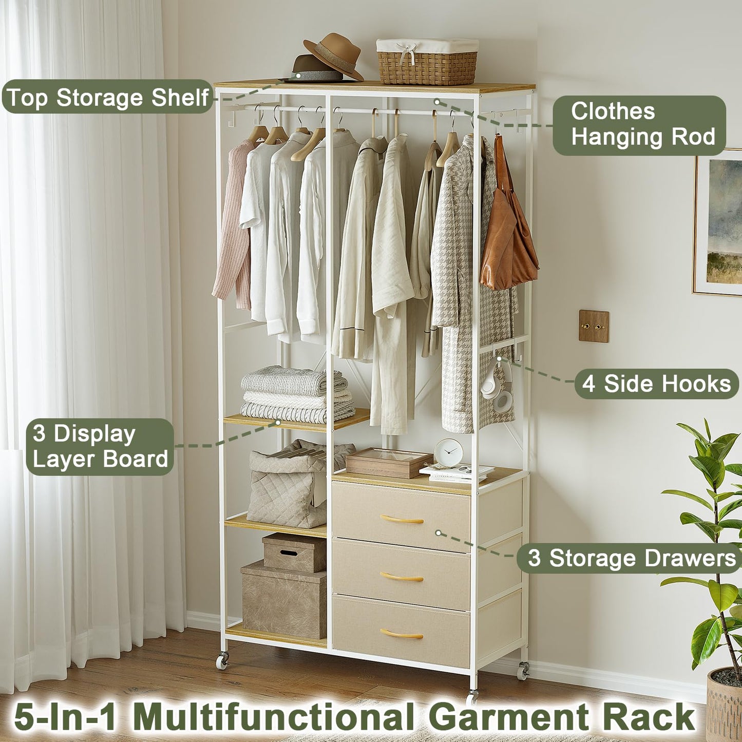 Mintnook Heavy Duty Clothing Rail，Wardrobe with 3 Drawers，Beige