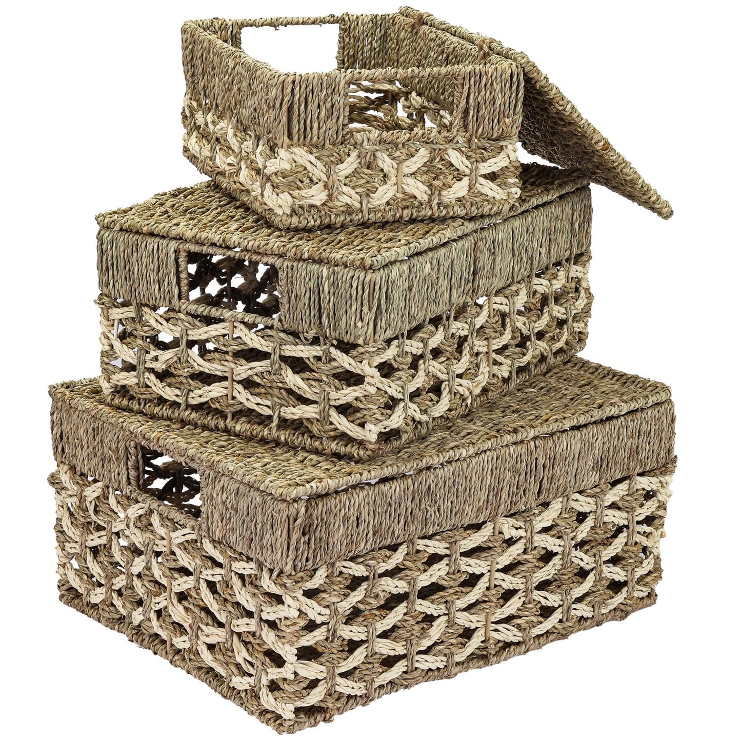 HMF Set of 3 Storage Baskets with Lid, Seagrass and Palm Leaf Wicker Baskets | Small, Medium, Large
