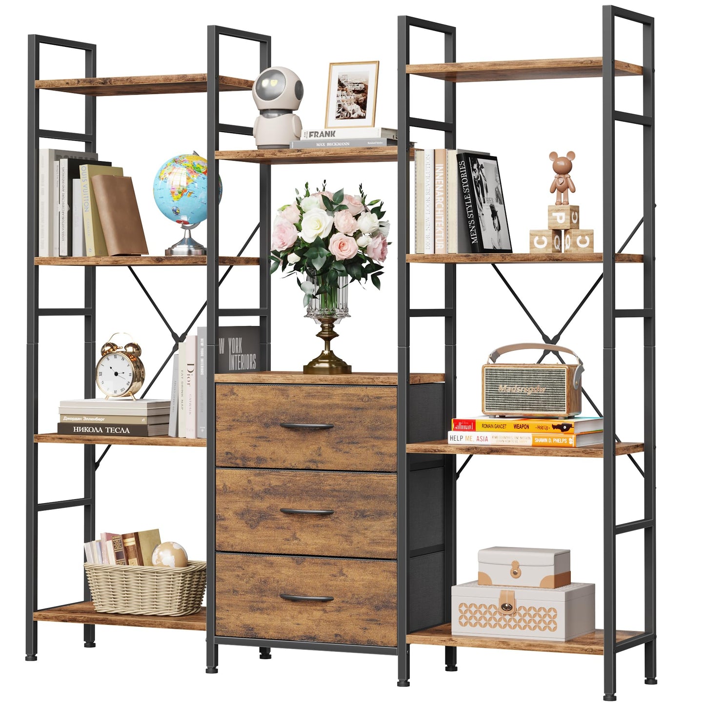 OYRREU 4-Tier Bookcase with Drawers, 100cm Wide Rustic Brown Shelving Unit