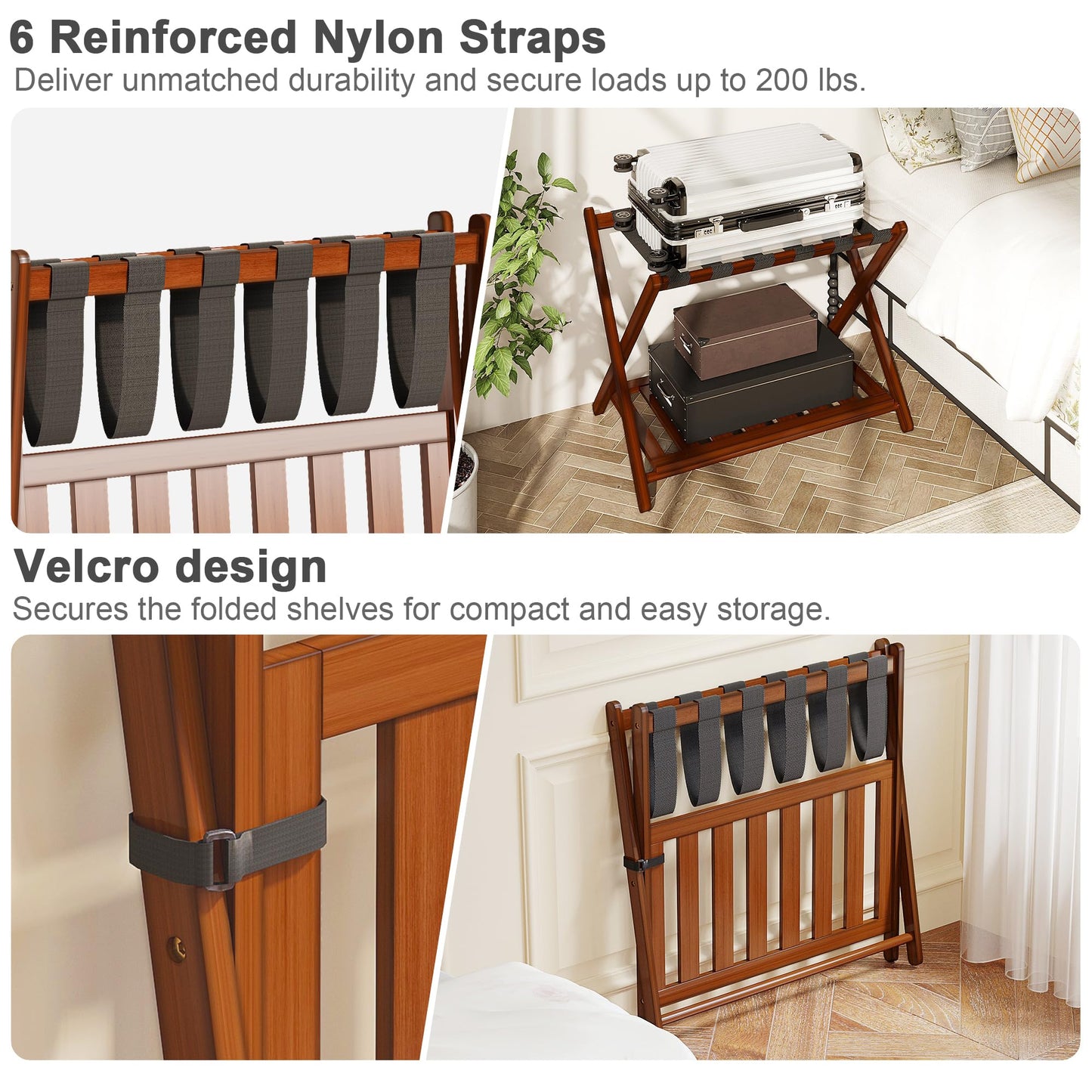 BAMBOOHOMIE Bamboo Luggage Rack for Guest Room, 26.77" Folding Wide Suitcase Stand with Storage Shelf