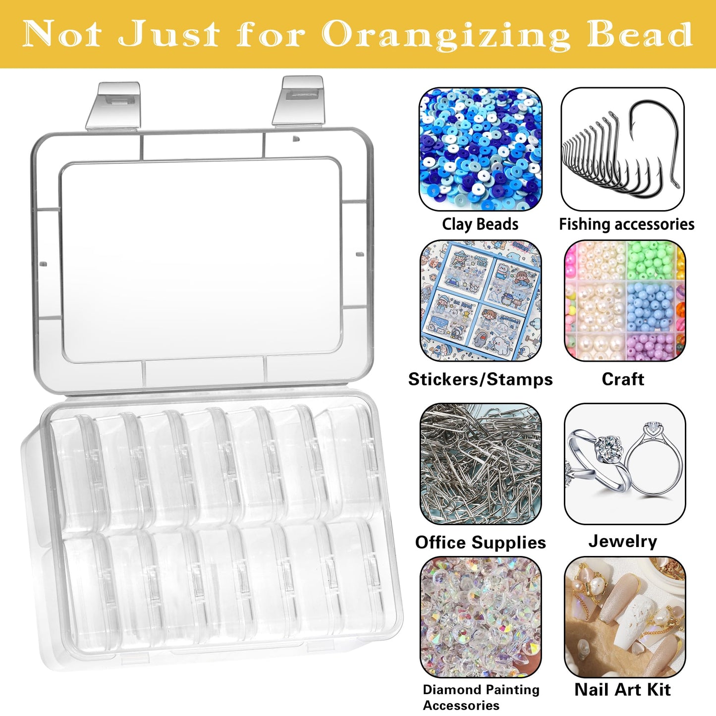 Mathtoxyz Bead Organiser Storage Box, 15 Pcs Small Plastic Storage Boxes Clear Clay Beads Storage Containers Case with Hinged Lid and Rectangle for