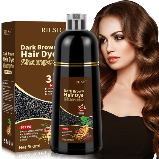 GFEUGS 500ML Dark Brown Hair Dye Shampoo, Colour Shampoo 3 in 1 for Grey Hair Beard Coverage - Instant Color Shampoos for Women Men - Natural - Long