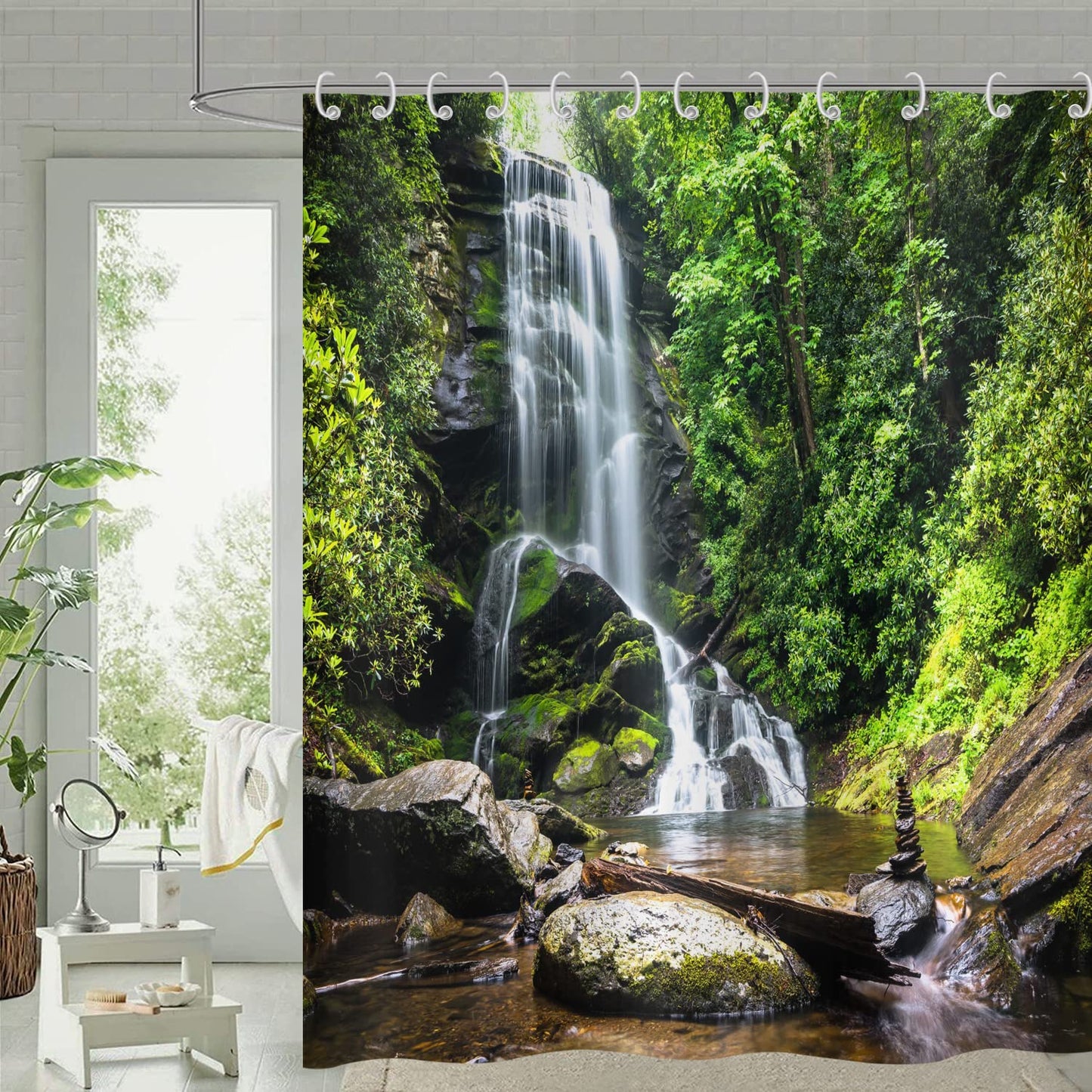 Hnmdmyi Forest Shower Curtain 240x180, Tropical Jungle Rainforest Green Tree Plant Nature Landscape Waterfall Scenery Bathroom Curtains Waterproof