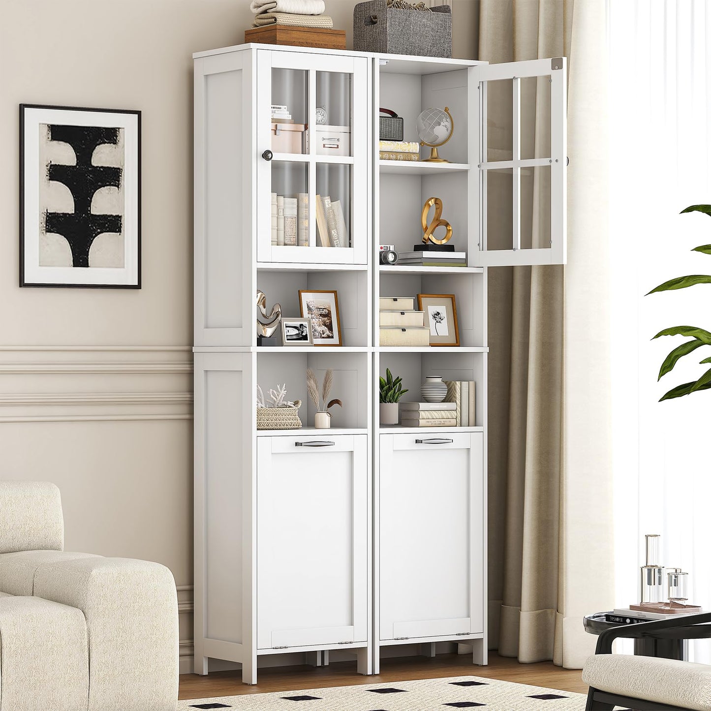 Feonase Tall Bathroom Cabinet with Removable Laundry Basket, Slim Freestanding Storage Organizer with Acrylic Door and 4 Shelves for Bathroom