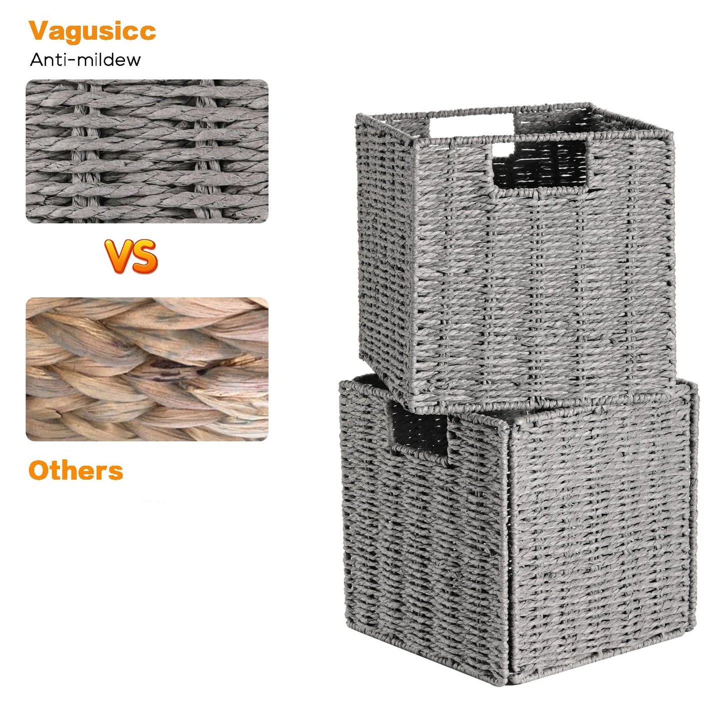 Vagusicc Wicker Storage Basket, Set of 2 Handwoven Wicker Basket for Storage, Foldable Storage Baskets Organizer Bins with Handles for Shelves