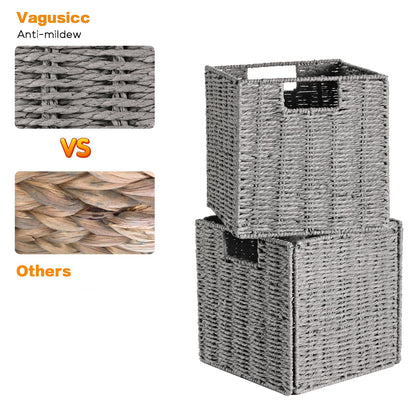 Vagusicc Wicker Storage Basket, Set of 2 Handwoven Wicker Basket for Storage, Foldable Storage Baskets Organizer Bins with Handles for Shelves