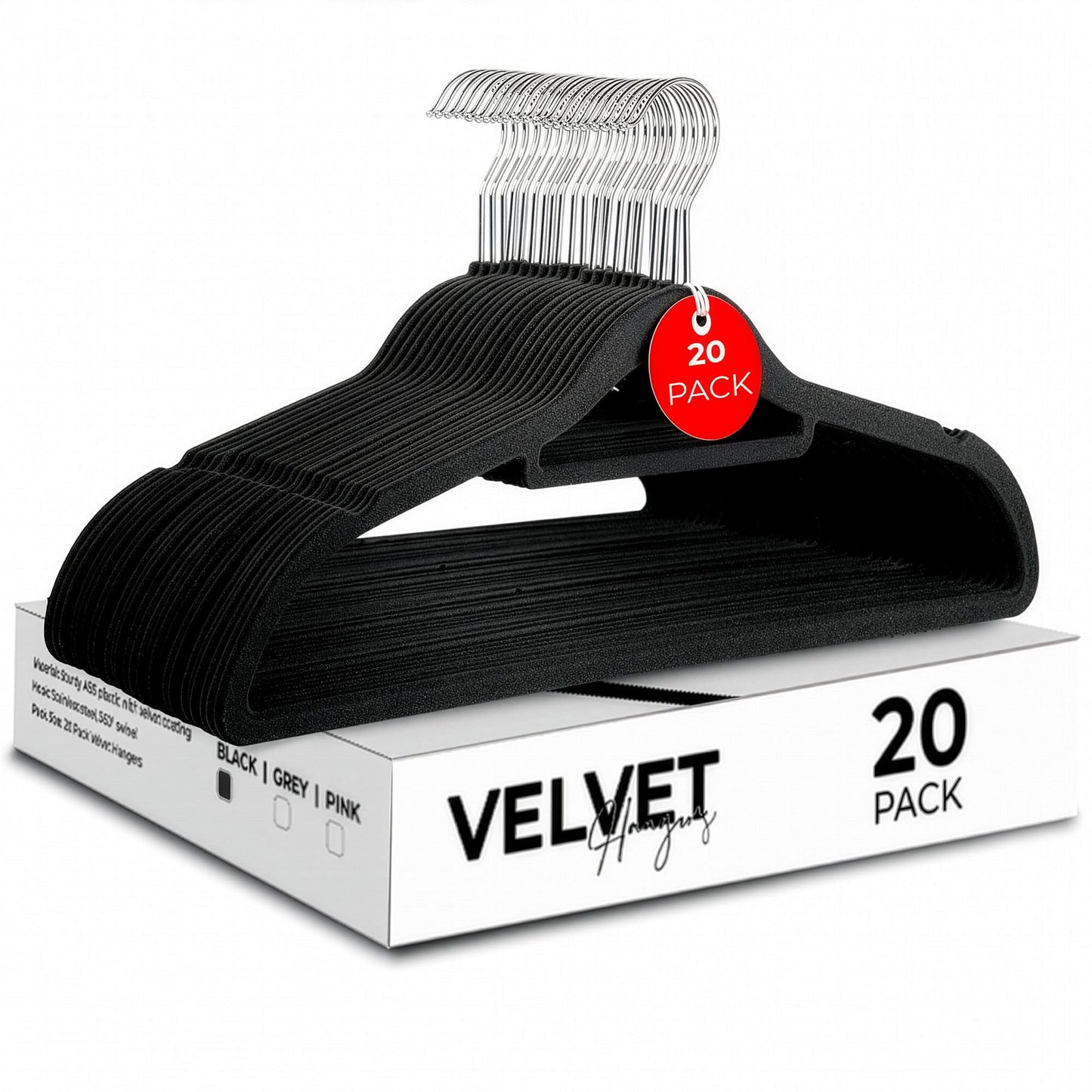 Roe Tenpo Coat Hangers, 20 Pack, Black | Velvet Hangers for Clothes with Tie Bar & 360° Hook | Durable & Sturdy | Non-Slip