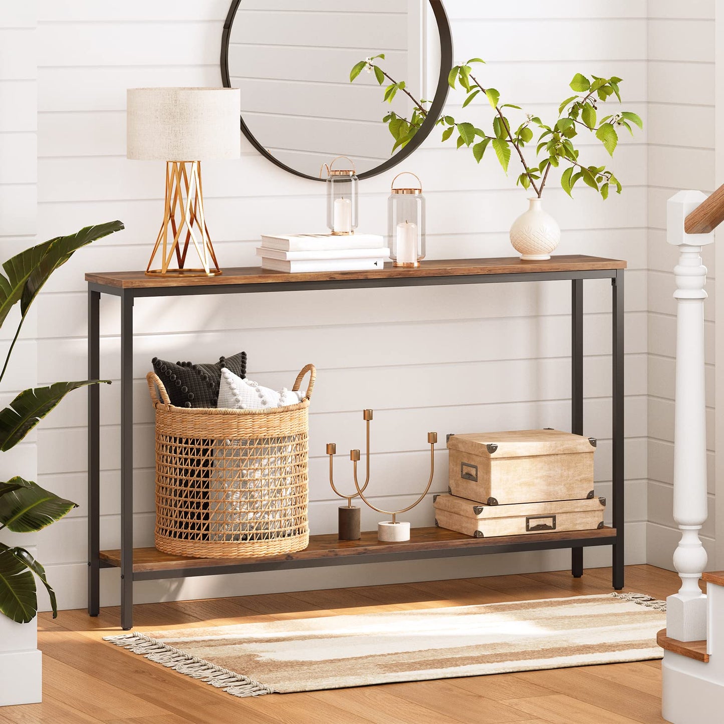 HOOBRO Console Table Slim, 120 cm Long Narrow Hallway Table with Shelf, Industrial Sofa Table for Living Room, Hallway,Entryway, Foyer, Office