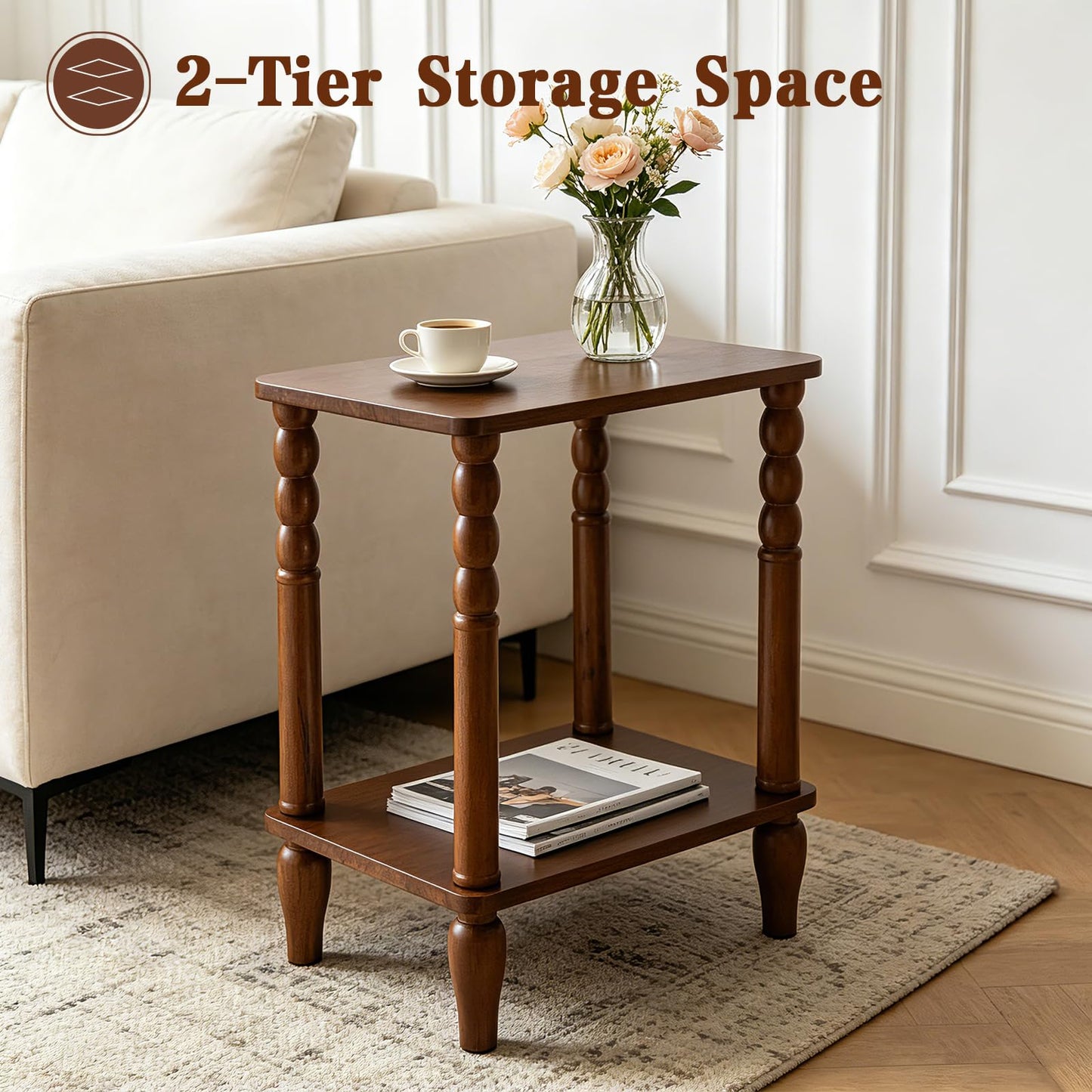 Lampaggio Solid Wood End Table with Storage Shelf, 2-Tier Small Side Table with Vintage Spindle Legs, Narrow Nightstand for Living Room