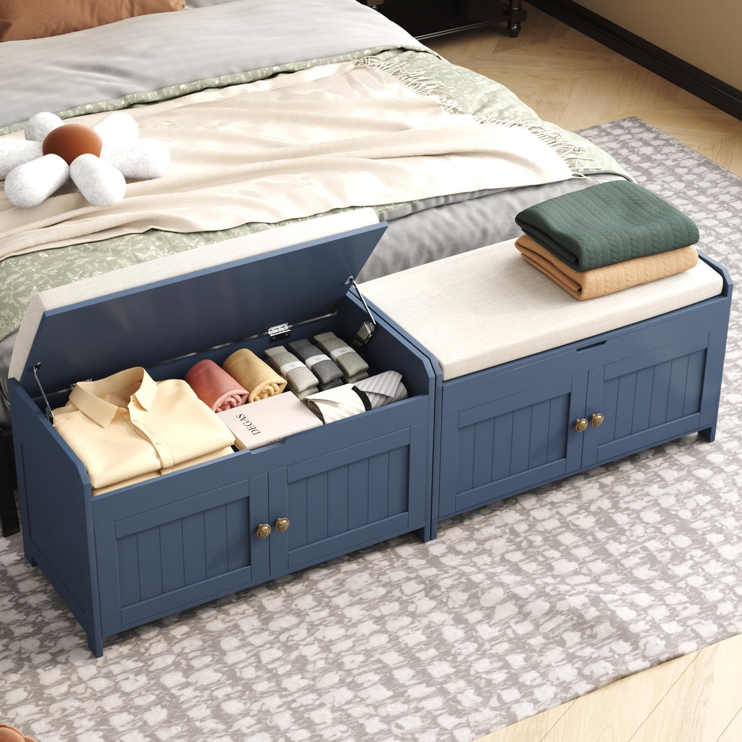 HOME BI Shoe Bench, Storage Bench with Padded Seat Cushion, Shoe Cabinet for for Entry, Bedroom, Cloakroom, Living Room and Hallway,Blue