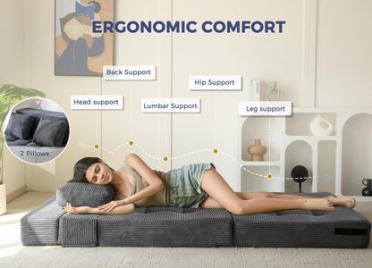 MAXYOYO Folding Foam Sofa Bed, Tri-Fold Mattress with 2 Pillows, Convertible Sofa Chair Futon Z Bed with 15cm Thincken Foam