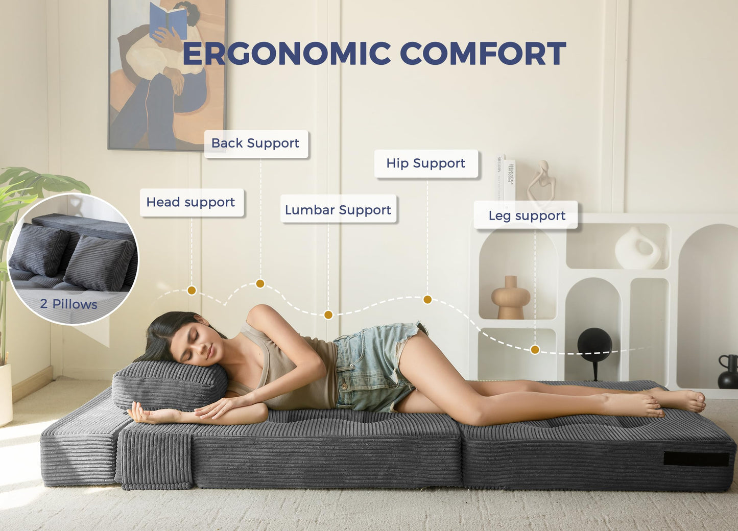 MAXYOYO Folding Foam Sofa Bed, Tri-Fold Mattress with 2 Pillows, Convertible Sofa Chair Futon Z Bed with 15cm Thincken Foam