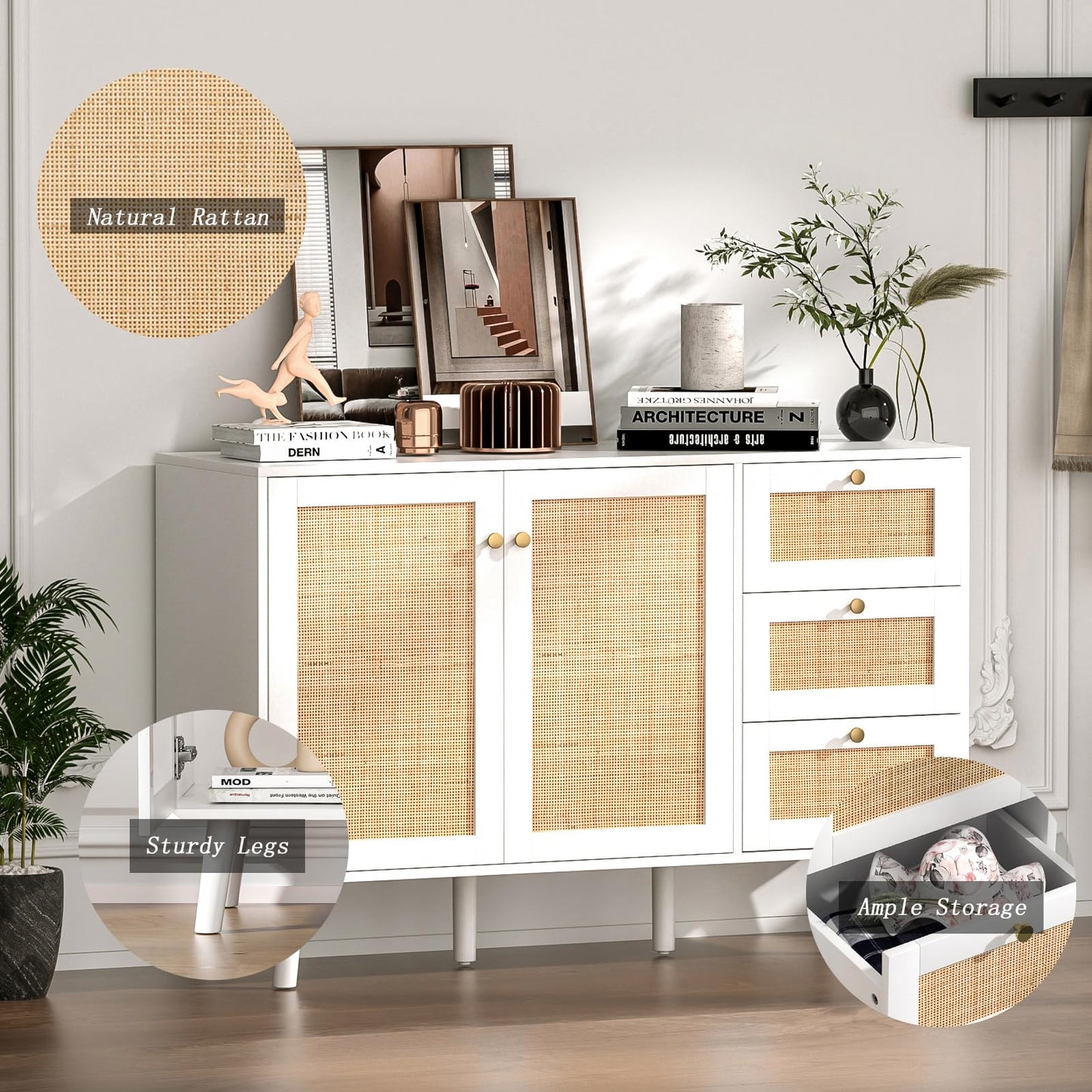 Skokliz Rattan Sideboard, Modern Storage Cabinet with 3 Drawers, Buffet Cabinet with 2 Doors and Adjustable Shelves