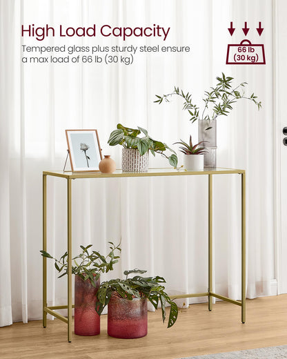 VASAGLE Console Table, Tempered Glass Table Top, Metal Frame, Heavy Duty, Adjustable Legs, for Living Room, Entryway, Hallway, Gold LGT26G