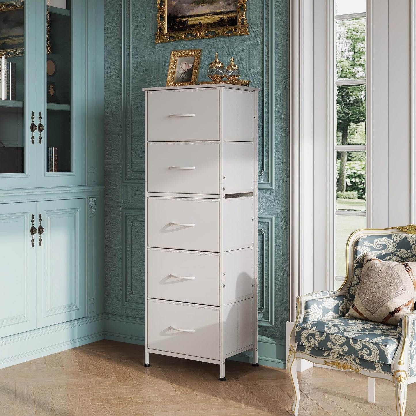 WLIVE White Chest of Drawers, 5 Fabric Drawers Tall Narrow Dresser Bedroom