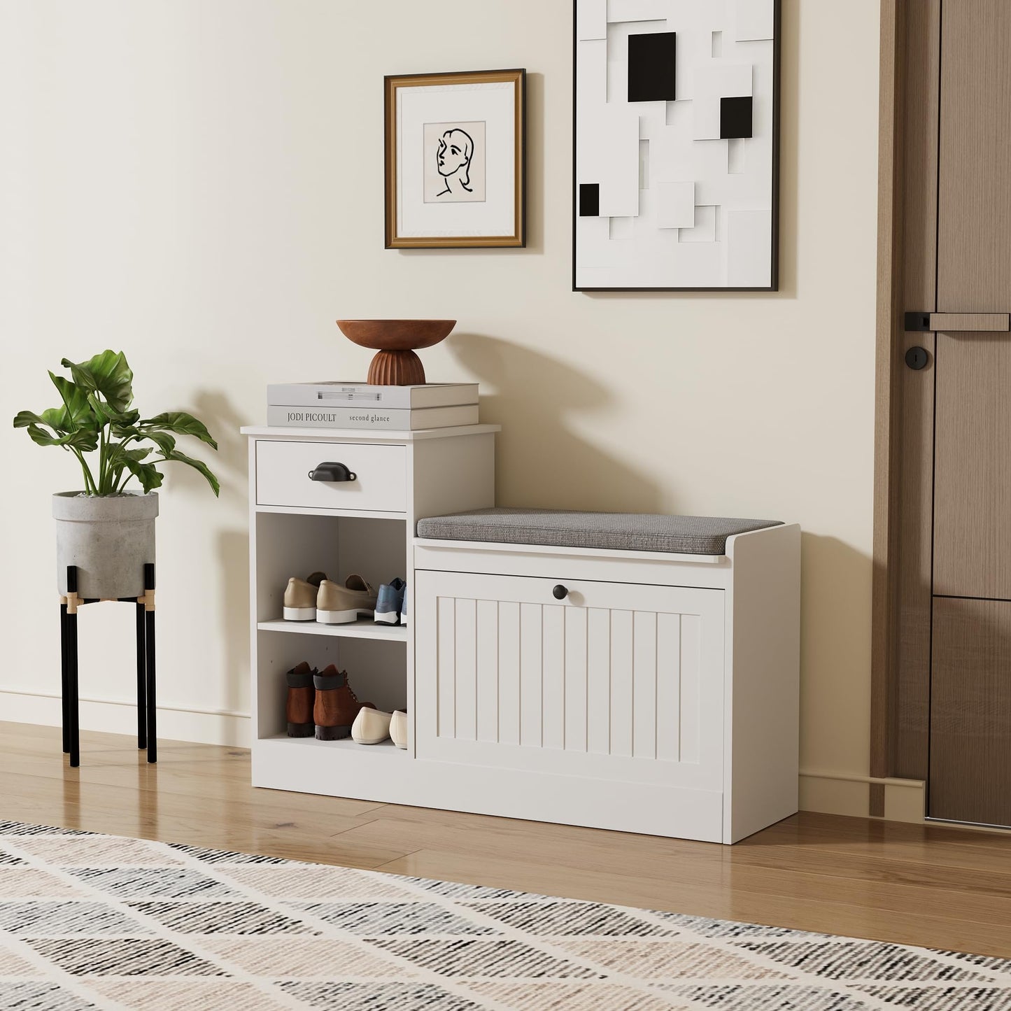 MINCETA Storage Benches, Modern Wooden Shoe Cabinet with Flip Drawer and Adjustable Shelf, Entry way Bench with Padded Seat Cushion for Entryway