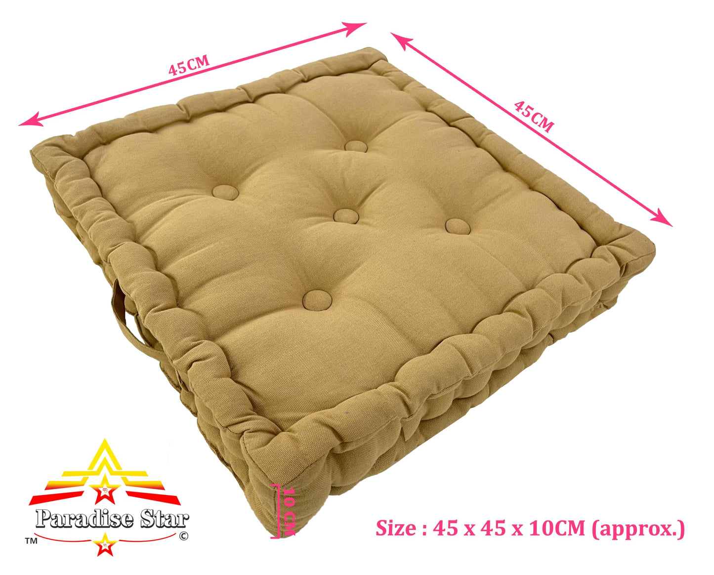 PARADISE STAR Booster Seat Cushion 100% Cotton Chunky Garden Seat Pad, Floor Cushion, 45cm x 45cm x 10cm COLOUR TAN
