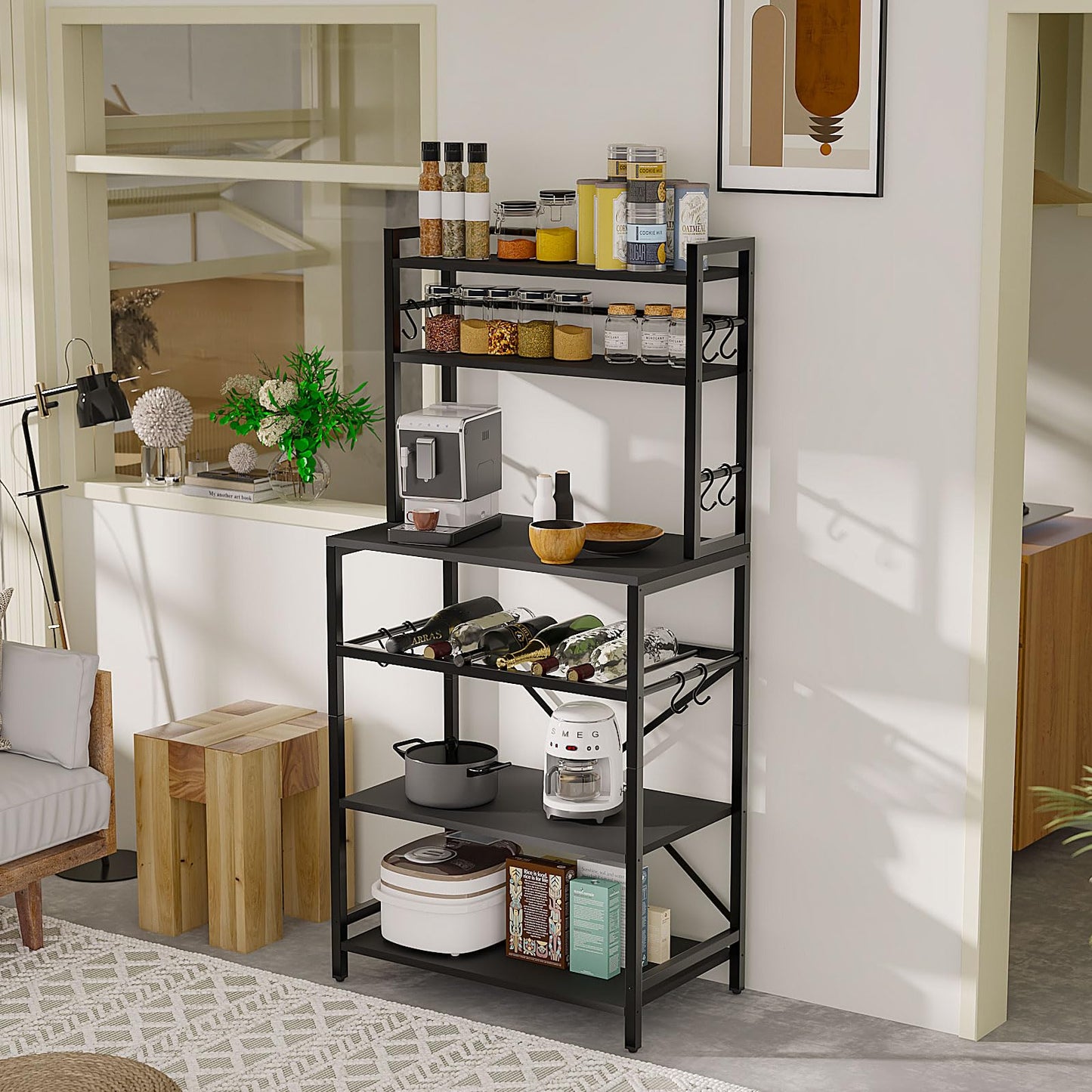 YMYNY Kitchen Baker's Rack, Microwave Oven Stand with Storage Shelves, Industrial Coffee Bar Station, with Adjustable Wine Holders and 12 S-Hooks