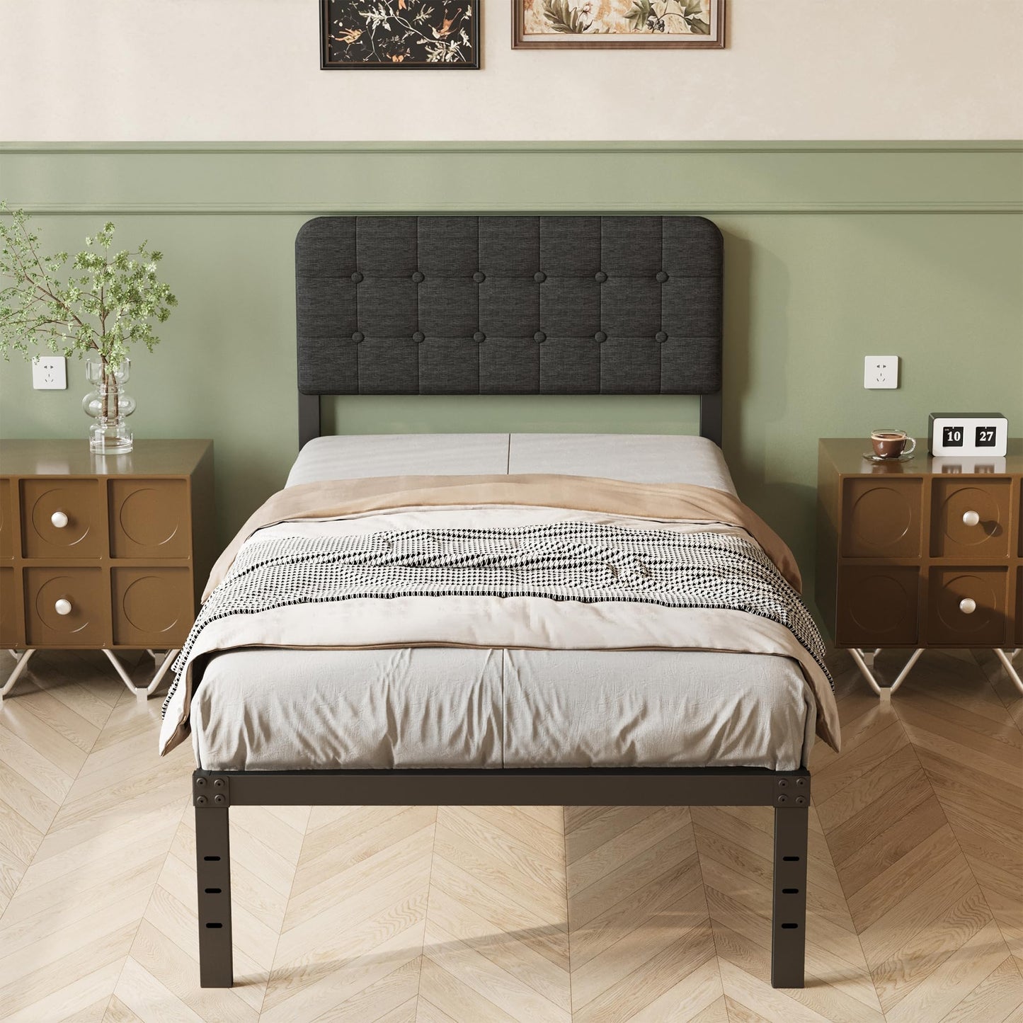 Lutown-Teen 2ft 6 Small Single Bed Frame with Black Upholstered Headboard