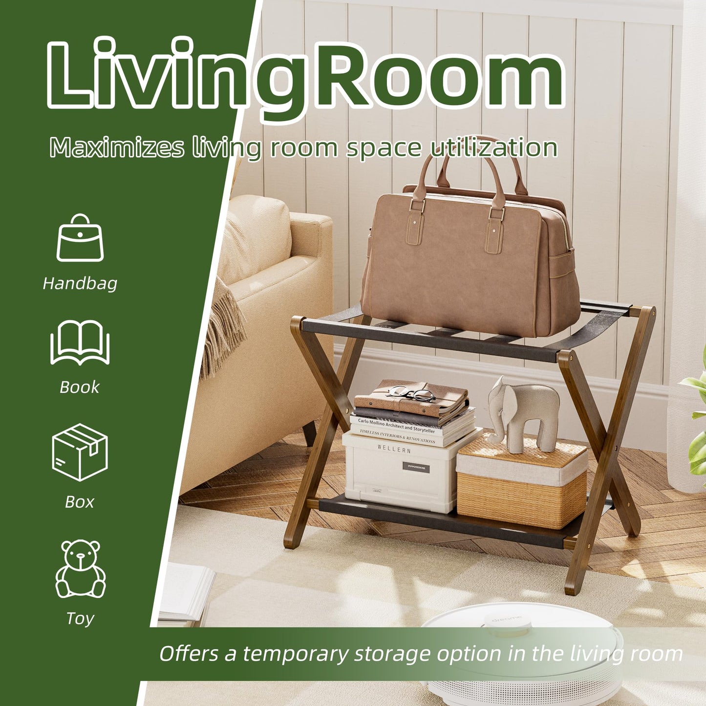 vovala Luggage Rack, Set of 2, Folding Suitcase Stand with Storage Shelf, Premium Bamboo Luggage Holder for Guest Room, Bedroom, Hotel, Closet