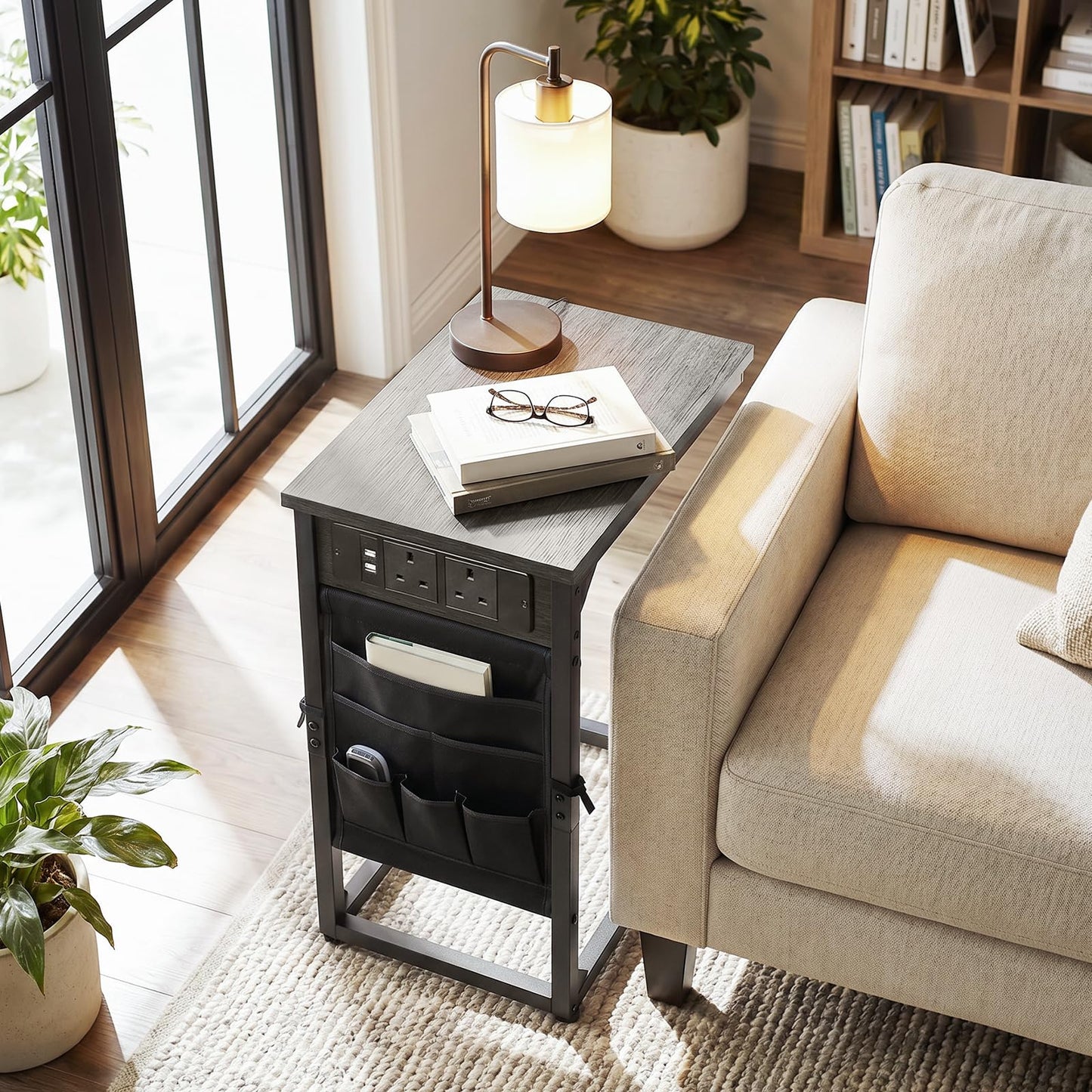 AMHANCIBLE C-Shaped Side Table, Side Table with Charging Station