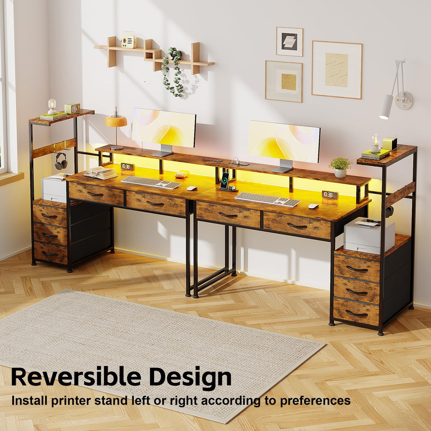 WEMANER 120cm Computer Desk with 5 Fabric Drawers, Reversible Home Office Desk with Printer Cabinet, Writing Desk with Monitor Stand & Power Outlets