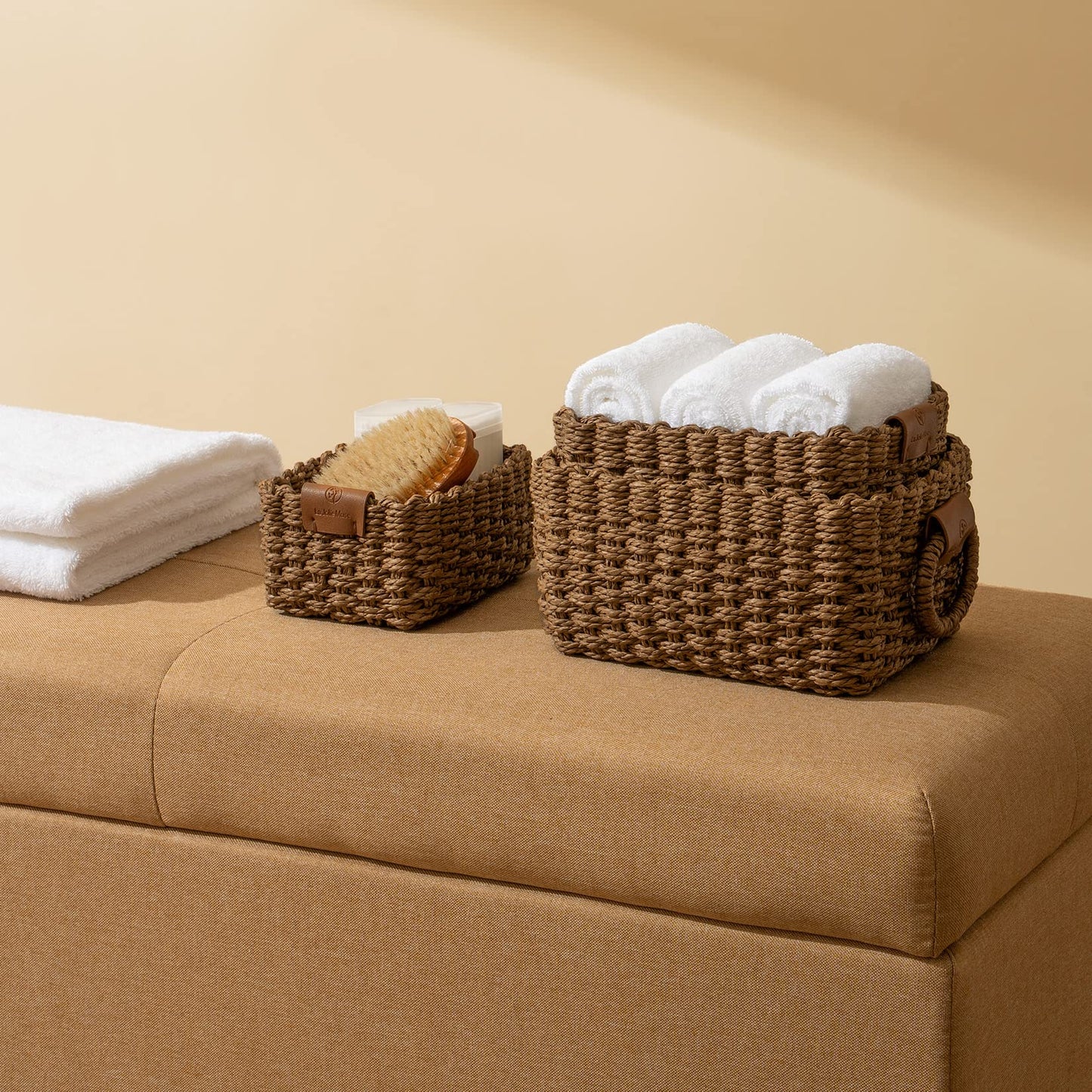 La Jolíe Muse Woven Storage Baskets, Recycled Paper Rope Bin Organizer Divider for Cupboards Drawer Closet Shelf Dresser, Set of 3 (Chocolate)