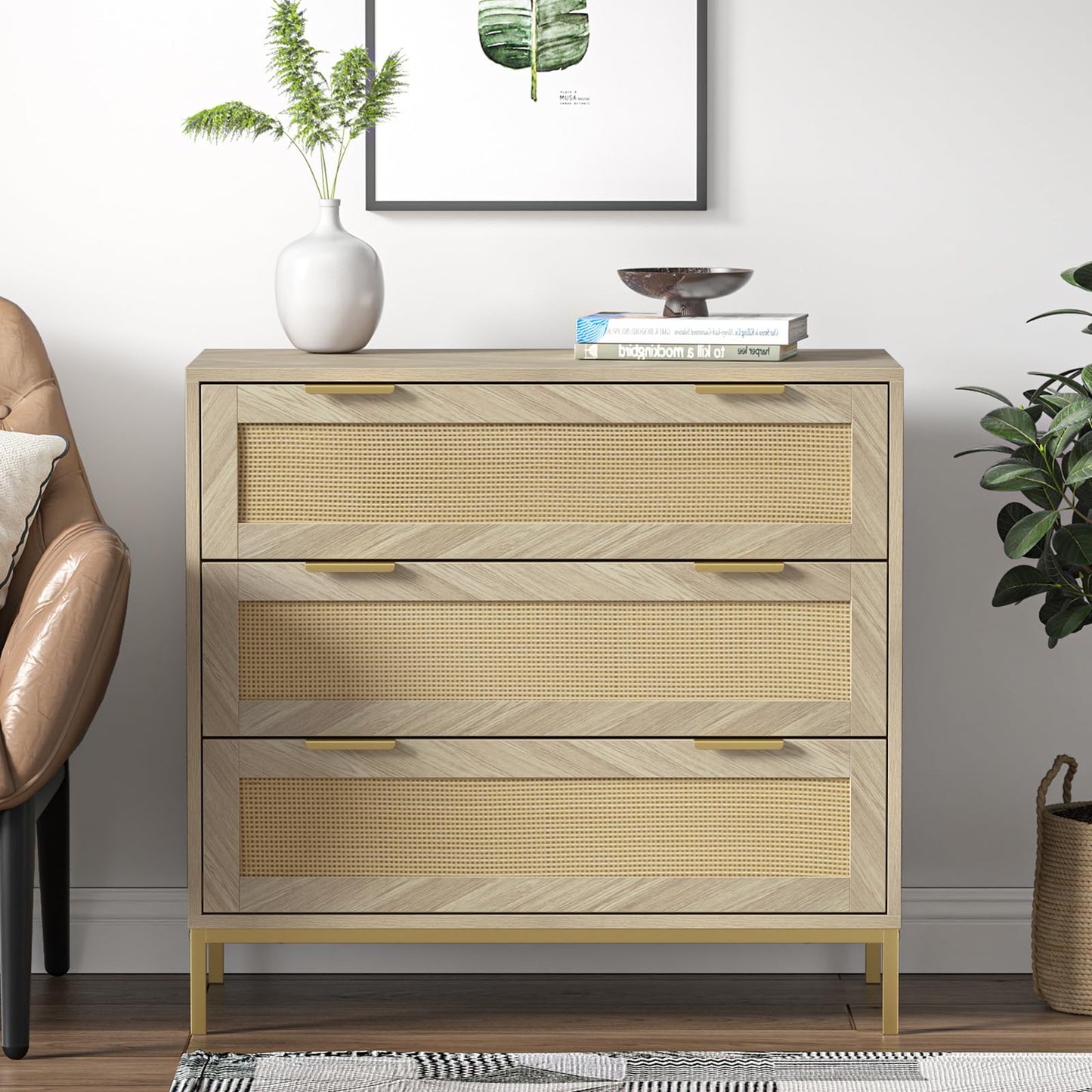 Yvsevnr Rattan Bedroom Dresser Chest of Drawers Anti-Tipping Wooden Herringbone Closet Dressers Large Nightstand Metal Handles Bedside Storage