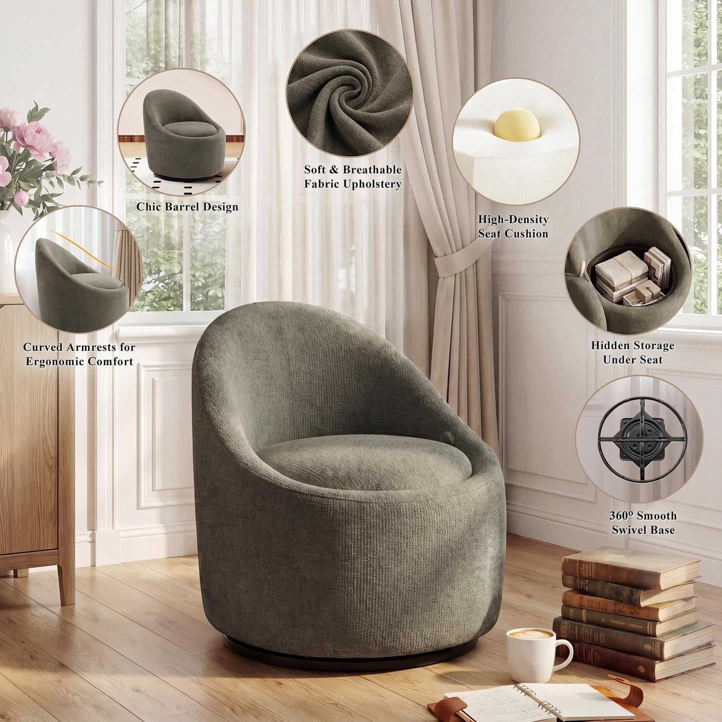Barrel Swivel Accent Chair with Hidden Storage, 360° Rotating Lounge Chair, Upholstered Breathable Fabric, High Density Foam Seat
