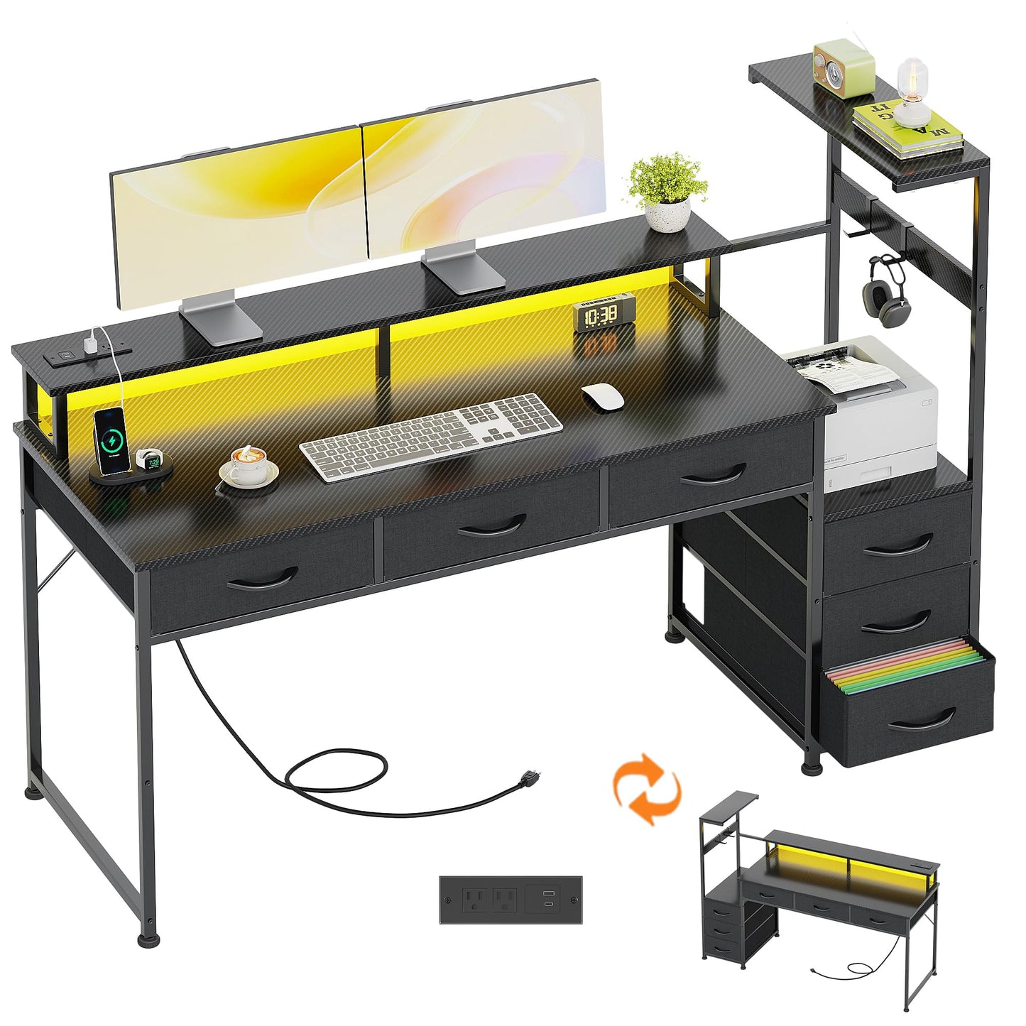WEMANER 151cm Computer Desk with 6 Fabric Drawers, Reversible Home Office Desk with Printer Cabinet, Writing Desk with Monitor Stand & Power Outlets