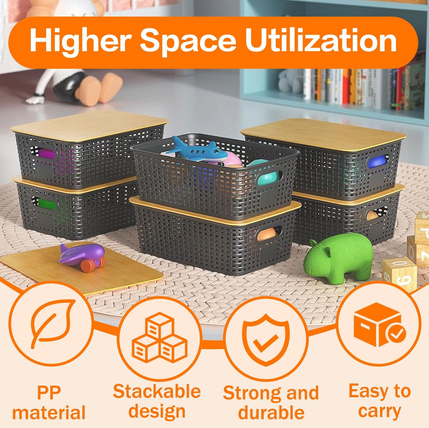 6 Pack Stackable Plastic Storage Boxes with Bamboo Lids & Handles, Ventilated Mesh Baskets for Kitchen/Bathroom Storage