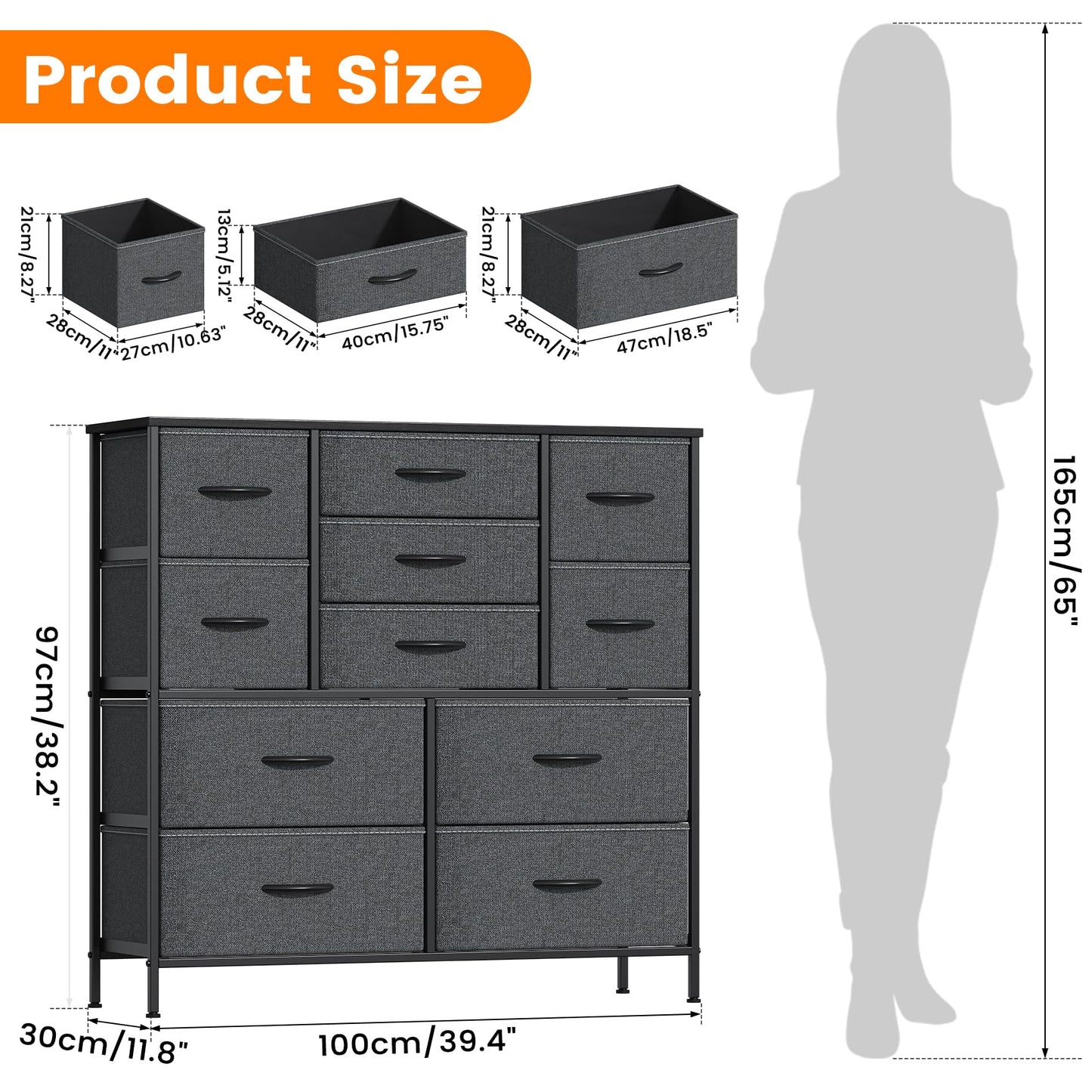 Feonase Chest of Drawers, Bedroom Tall Dresser with 11 Fabric Drawers, Metal Frame & MDF Wood Top, Adjustable Feet