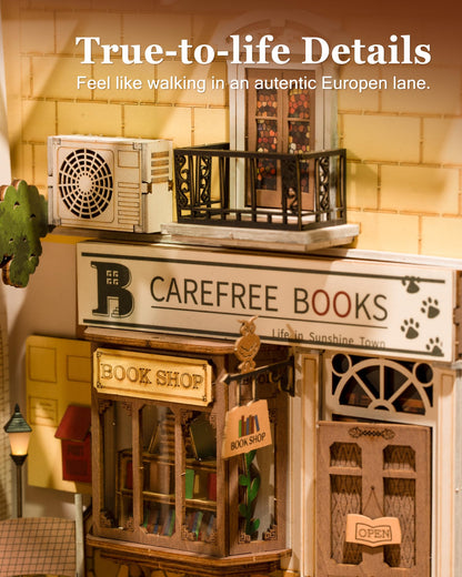 Rolife Book Nook Kits Booknook for Adults 3D Wooden Puzzle Model Kits for Bookshelf Bookends Decor with Furniture and Accessories Sunshine Town
