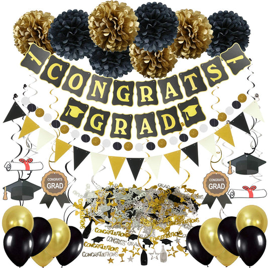 ZERODECO Graduation Decorations, Black and Gold Congrats Grad Banner Paper Pompoms Hanging Swirls Graduation Confetti Paper Garland Party Balloons for