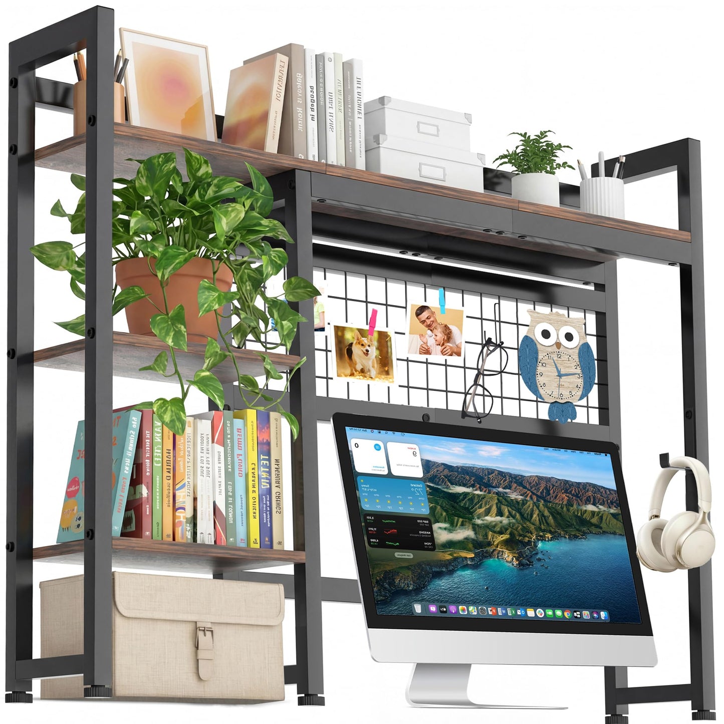 LASUK Desktop Bookshelf for Computer Monitor, 32.3'', Rustic Brown
