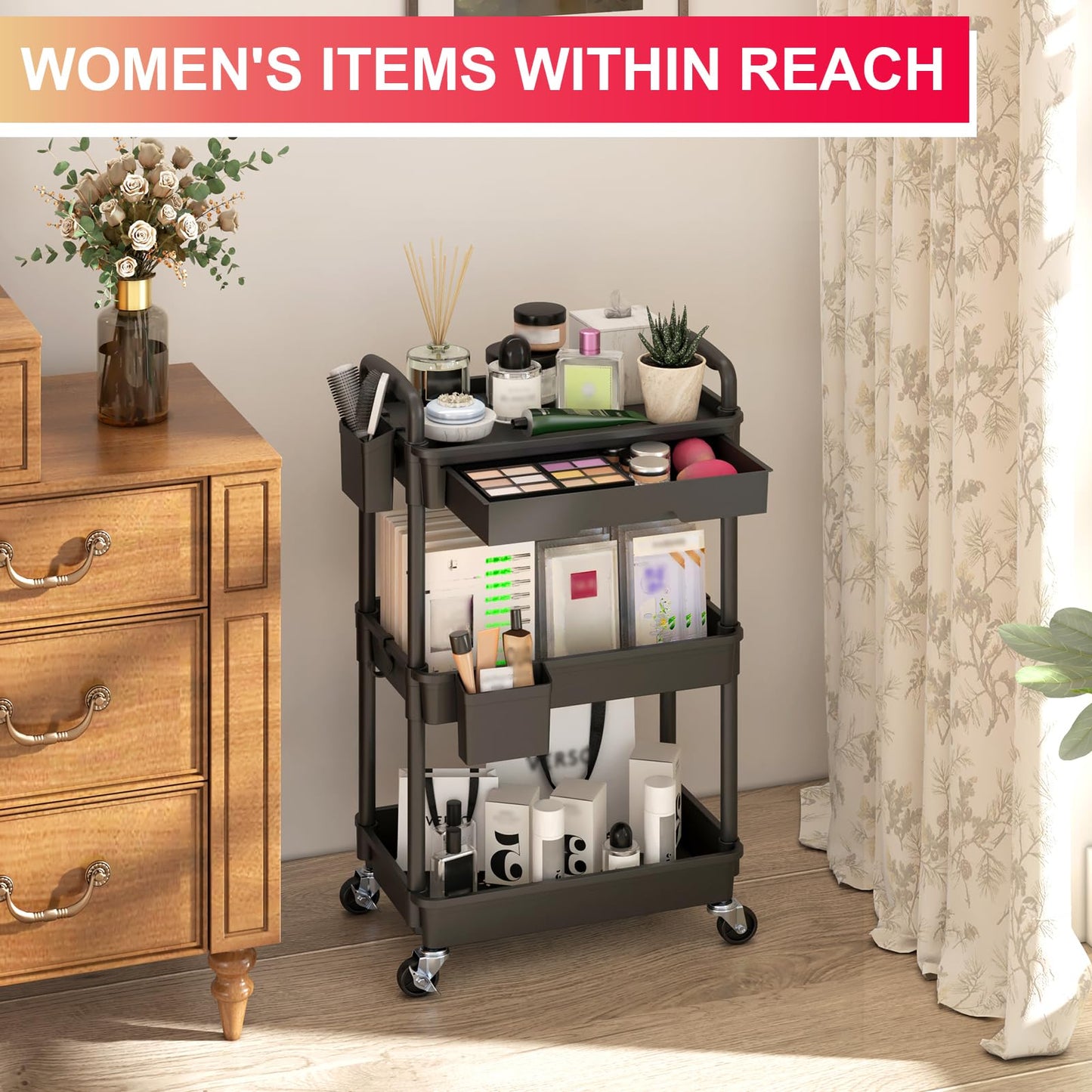 Yeabett 3 Tier Storage Trolley with Drawer, Utility Cart with Plastic Shelf & Lockable Wheels Multifunctional Storage Cart for Kitchen, Bathroom