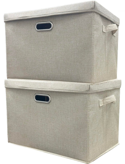 Storage Boxes with Lids Fabric, 2pc 13.8L Collapsible Beige Small Stackable Cube Storage Box