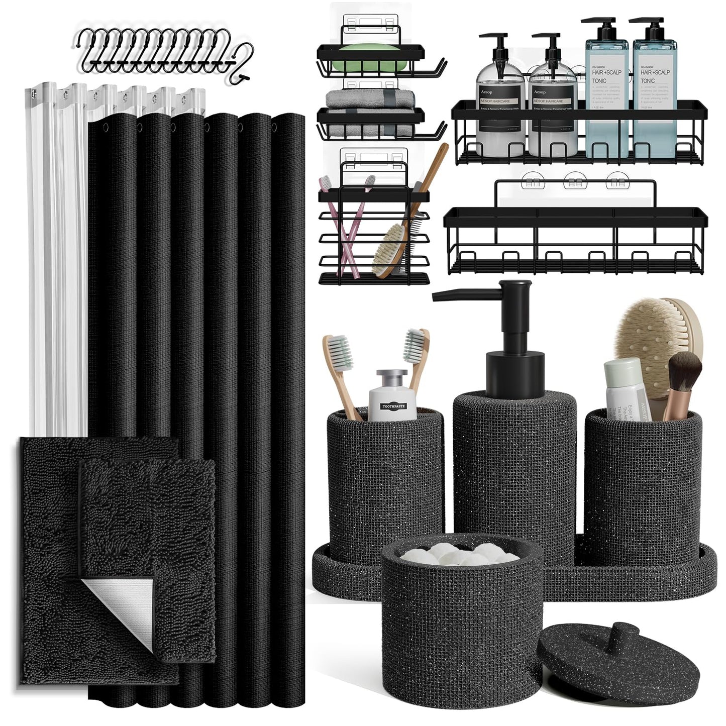 Clara Clark Coal Black Bathroom Set - Bathroom Sets with Shower Curtain and Rugs, 26PC Bathroom Accessory Set