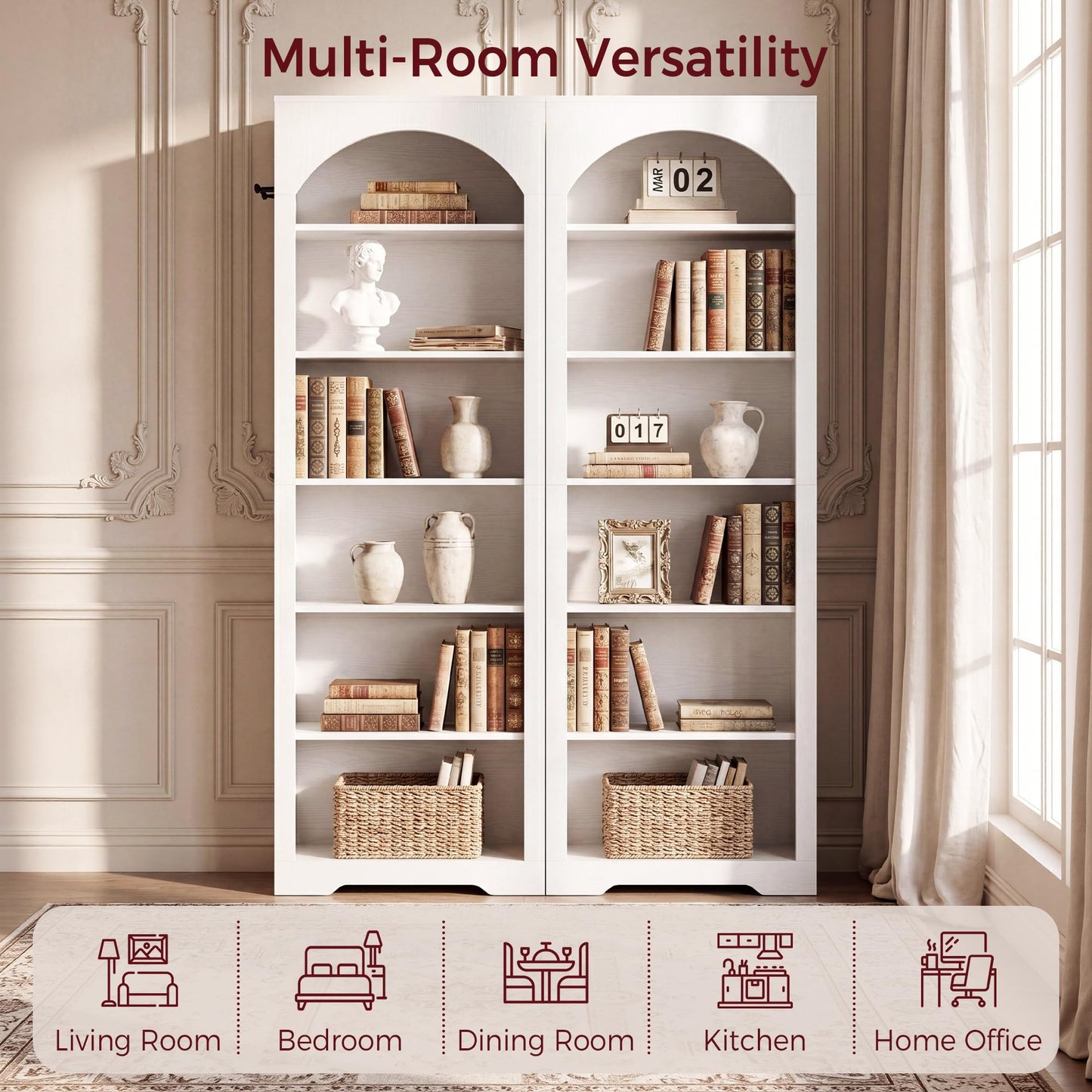 IRONCK 195cm Bookshelf, 6-Tier Arched Bookcase for Living Room