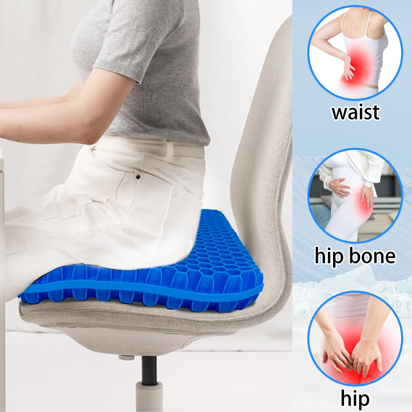 PICKSMOCUB Gel Seat Cushion Large Ergonomic Honeycomb Cooling Gel Cushion with Removable Washable Cover Anti Slip Pressure Relief for Office Chair