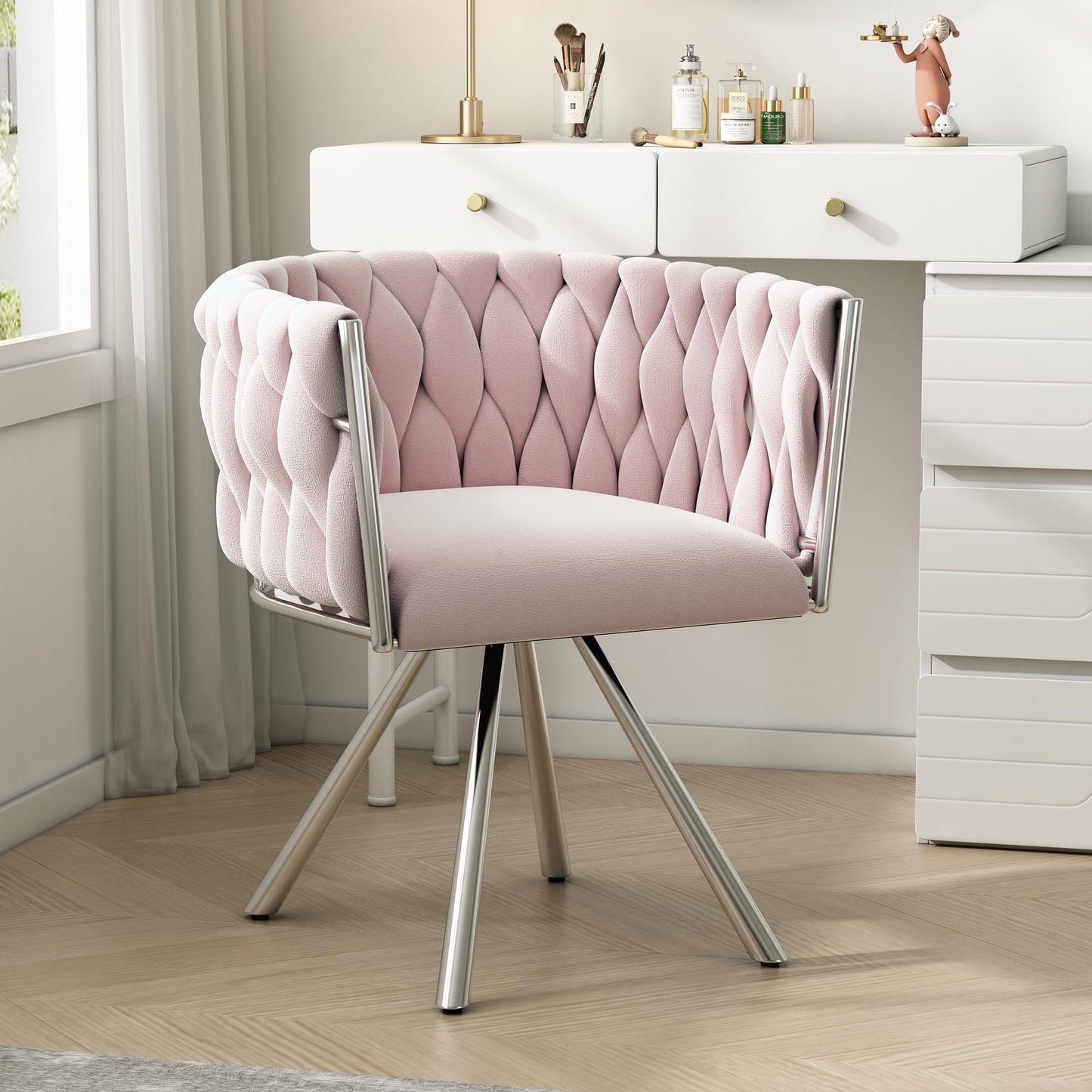 Ball & Cast 360° Swivel Dining Chair, Velvet Upholstered Desk Chairs without Wheels Ergonomic Office Chair with Arms and Metal Legs for Home Study