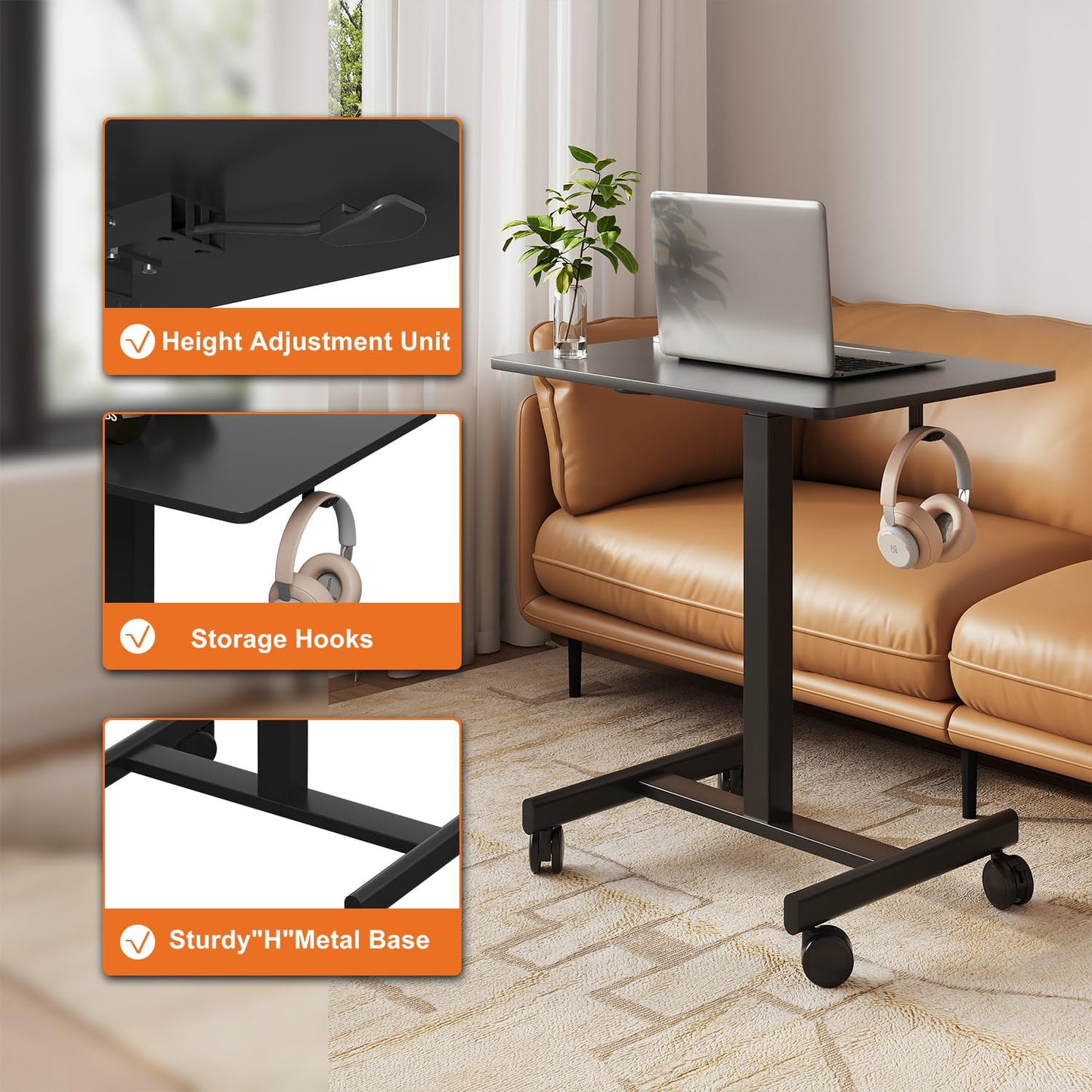 Gamork Mobile Desk on Wheels, Pneumatic Height Adjustable, Black