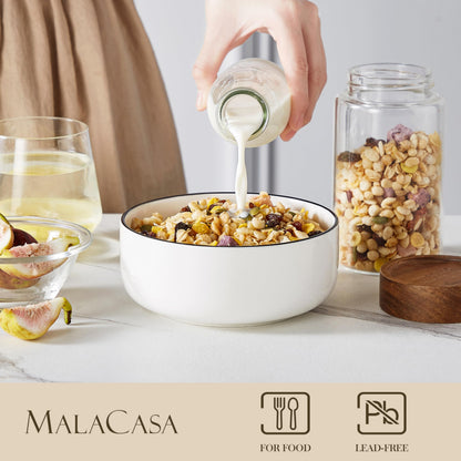 MALACASA 24 oz Cereal Bowls Set of 6 with Black Rim, Chip Resistant Premium Porcelain Salad Bowl, Ivory White Soup Bowls for Noodles, Dessert, Series