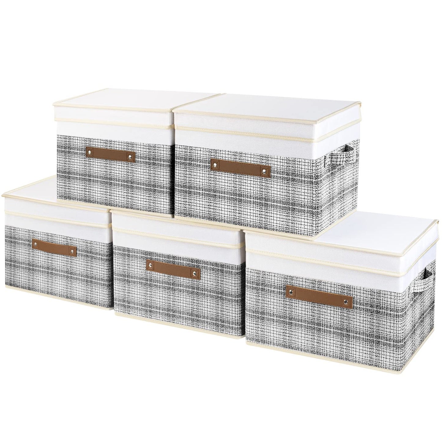 TYEERS Collapsible Storage Box with Lid, Patchwork Design, Decorative, Fabric Storage Box for Clothes, Wardrobe Storage, 38x25x25 cm, Set of 5, Grey